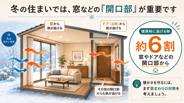 冬の暖房時に窓や玄関などの開口部から熱が逃げることを示したイラスト