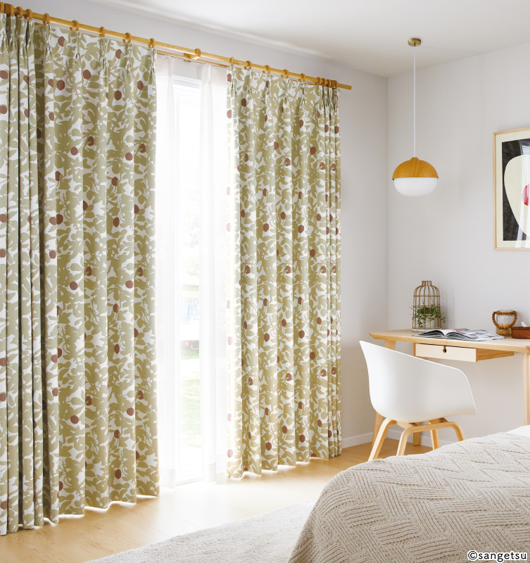 【遮光1級】杢感のあるナチュラルな生地のドレープ。〜北欧テイストのリーフ柄がインテリアのあくせんとにお勧めです。