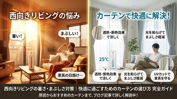 西向きリビングの暑さ・まぶしさ対策｜快適に過ごすためのカーテン選び完全ガイド