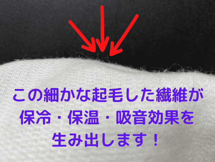 この細かな起毛した繊維が、保冷・保温・吸音効果を生み出します