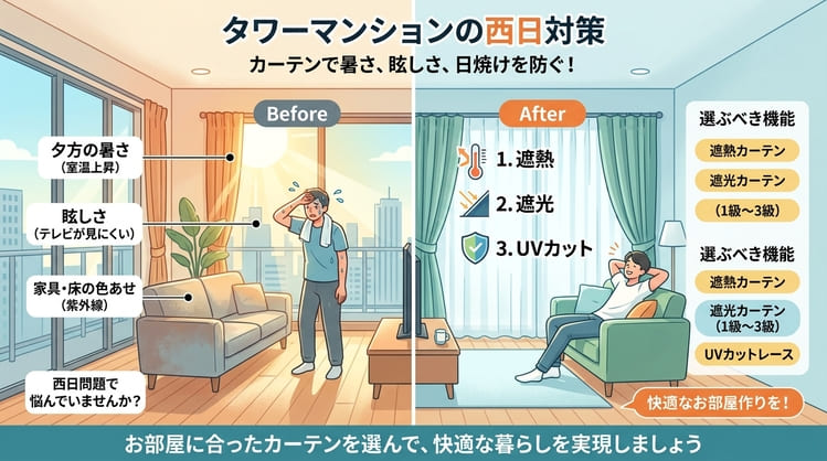 タワーマンションの西日はカーテン選びで大きく改善できる