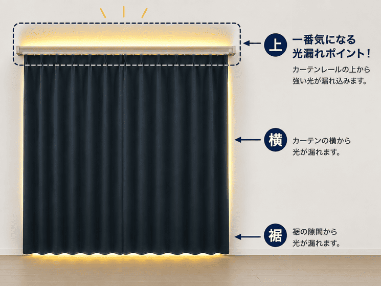 遮光カーテンの上・横・裾から光が漏れる位置を示したイメージ