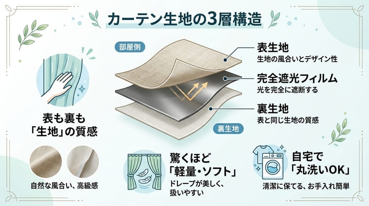 完全遮光フィルムを、生地でサンドイッチする構造