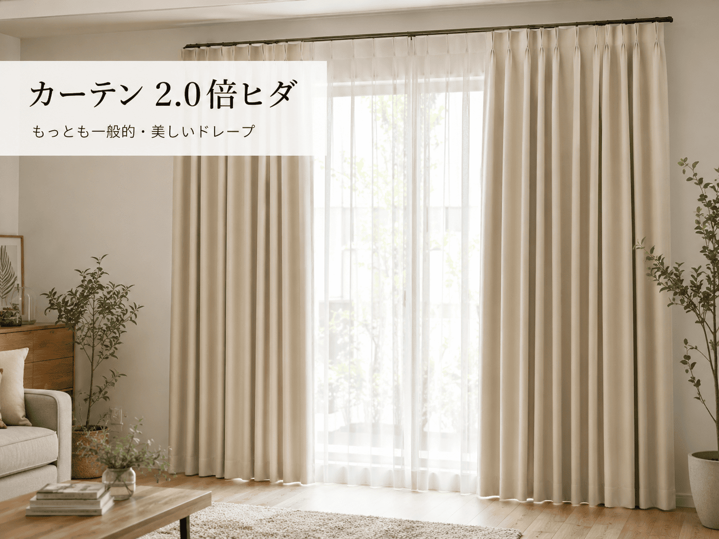 1.5倍ヒダカーテンを吊ったリビングの実写イメージ