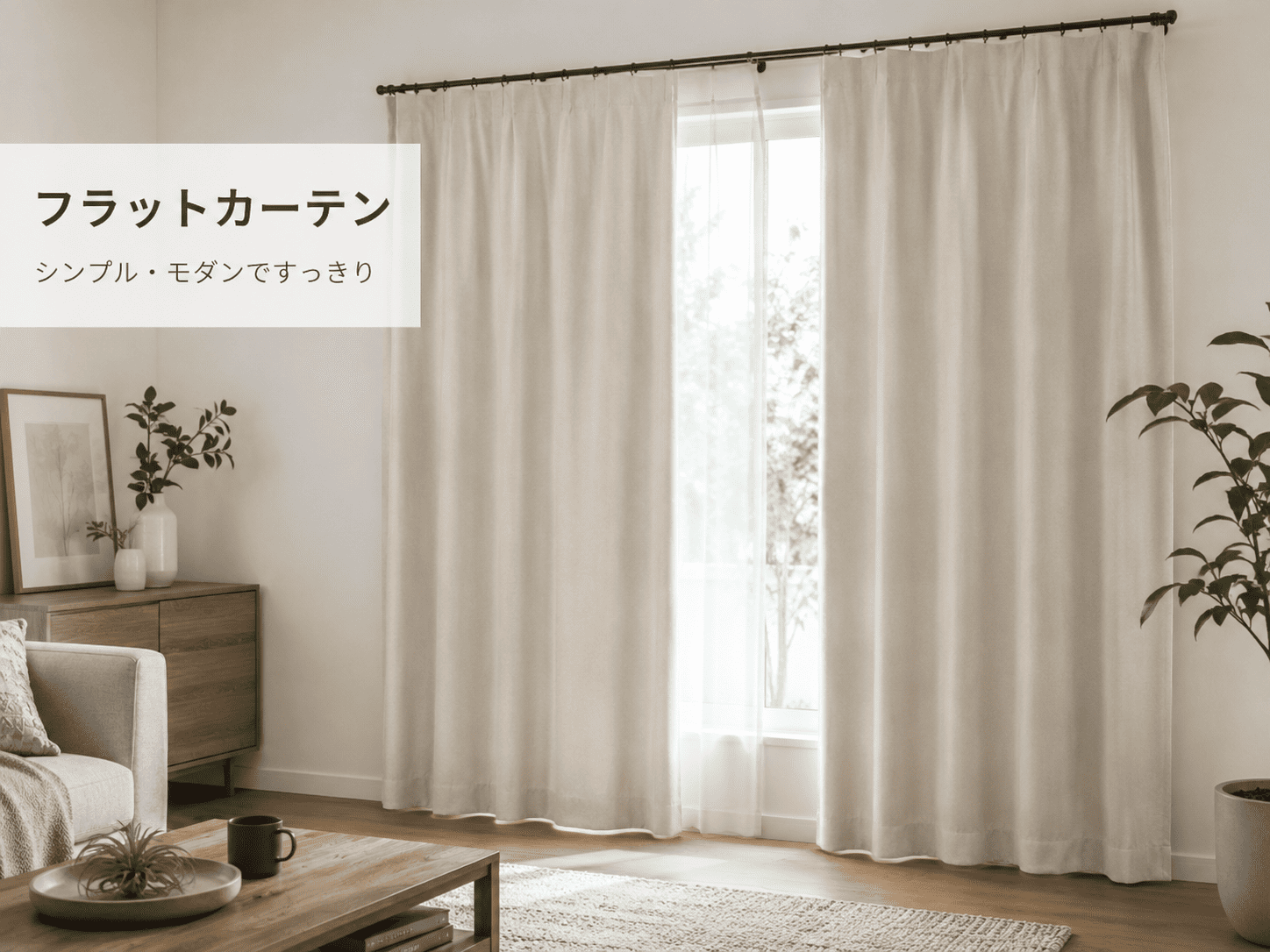 フラットカーテンを吊ったリビングの実写イメージ