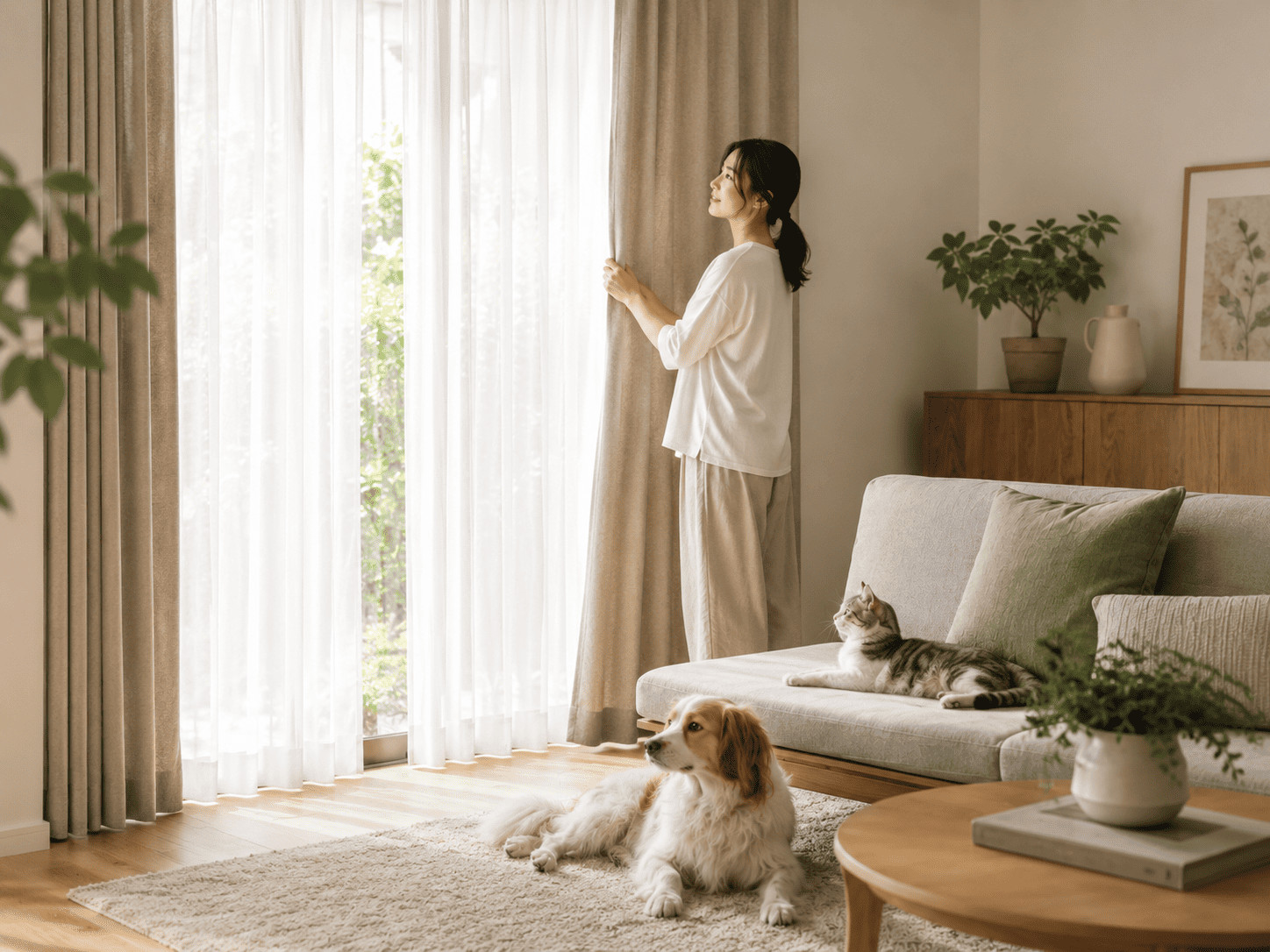 犬や猫と暮らすリビングで窓まわりを整える飼い主