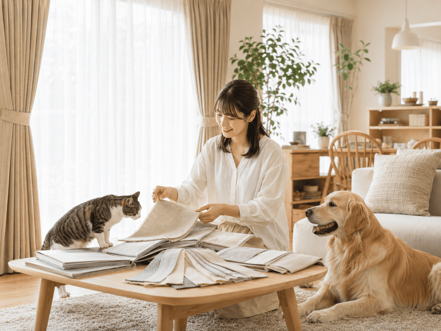 犬や猫のいる部屋でカーテン生地を選ぶイメージ