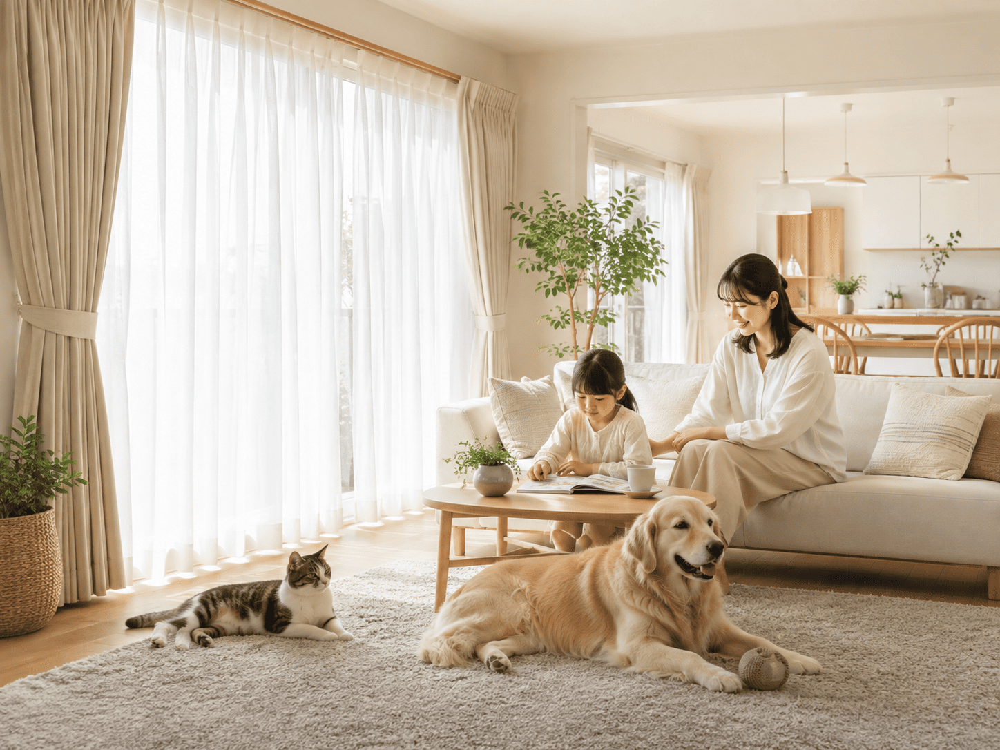 カーテンのある明るい部屋で犬や猫とくつろぐ家族